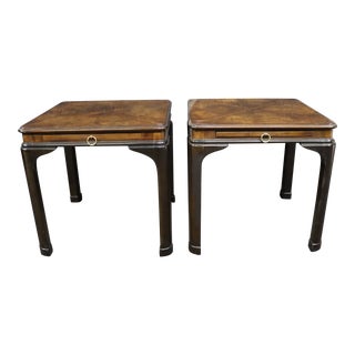 Drexel Burl & Walnut Top Chinoiserie Side Tables For Sale