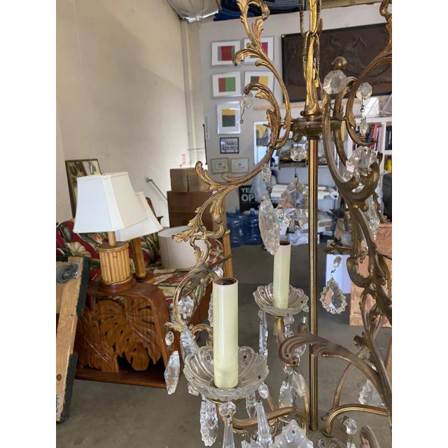 1920s 1920s Tall Hollywood Regency Crystal and Brass Chandelier W/ Three Lights For Sale - Image 5 of 13
