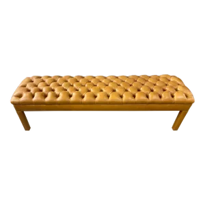 Tufted Caramel Leather Bench With Pleated Corners