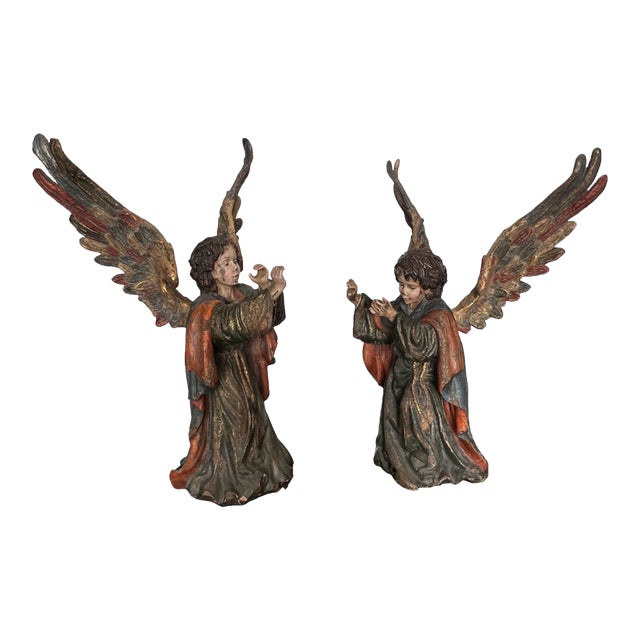 Large Late 20th Century Continental Hand Carved Wood Angels - a Pair For Sale