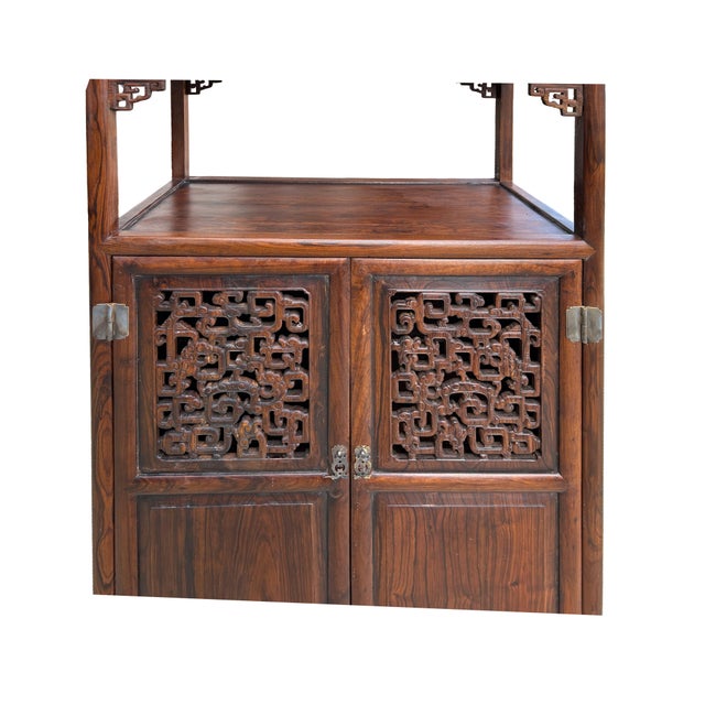 Chinese Open Carving Narrow Wood Grain Brown Side Table Cabinet For Sale - Image 11 of 11