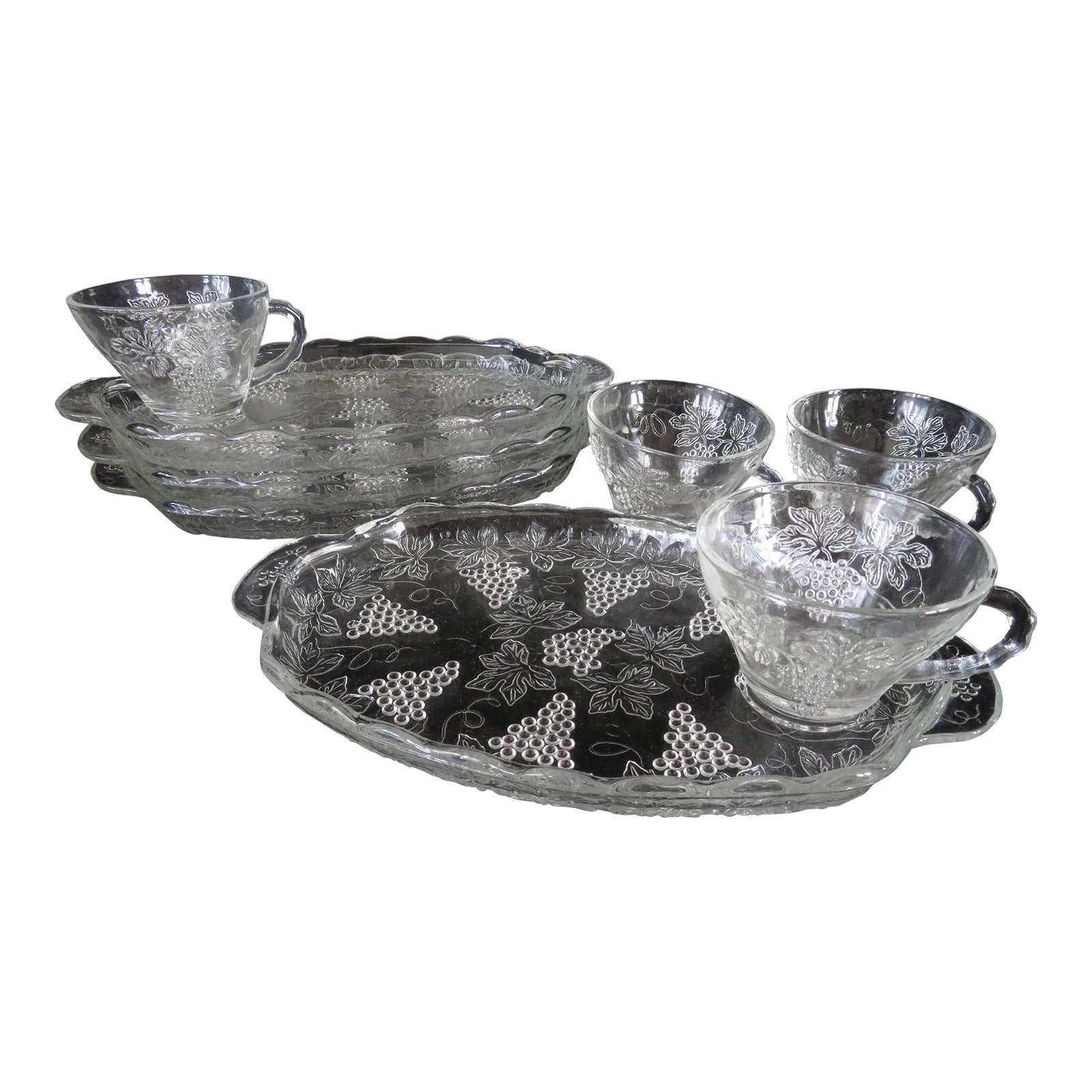 Anchor Hocking Vintage Clear Grape Pattern Snack Set With Cups