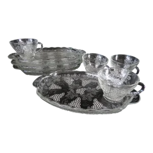 Anchor Hocking Vintage Clear Grape Pattern Snack Set With Cups Boxed Set- 9 Pieces