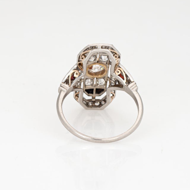 Vintage Art Deco Diamond Ring Coral Onyx Platinum Plaque Size 9.75 For Sale In Los Angeles - Image 6 of 7