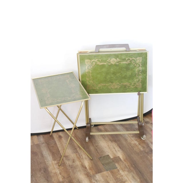 Mid-Century Green and Gold English Regency Design 1960s Tray Tables With Rolling Stand For Sale - Image 12 of 17