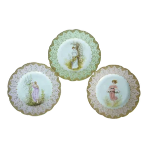 Set of 3 Antique Haviland & Co Limoges Royal Vienna Gold Encrusted Plates