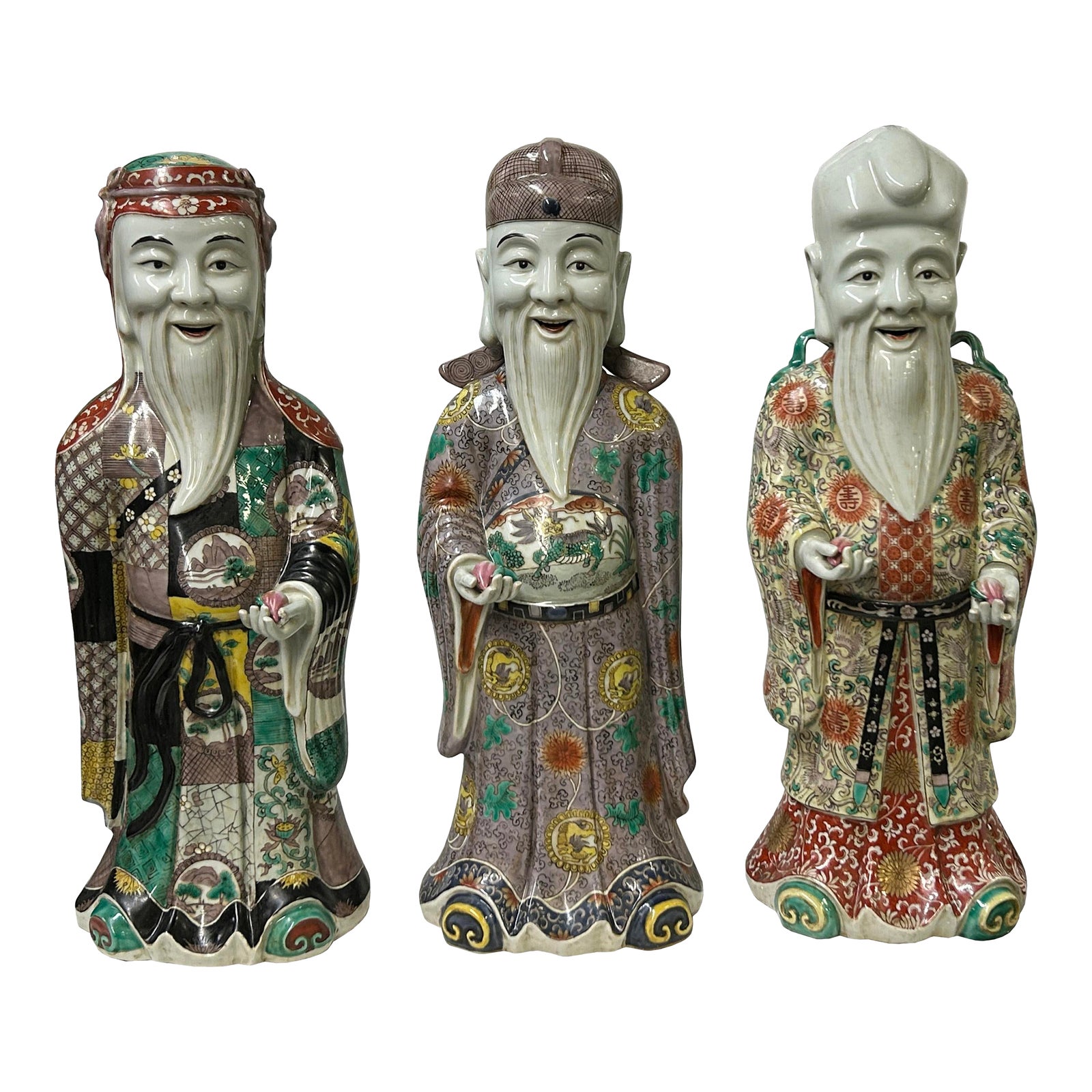 Chinese Canton Color Mixed Feng Shui Fok, Lok, Sau Figure Set | Chairish