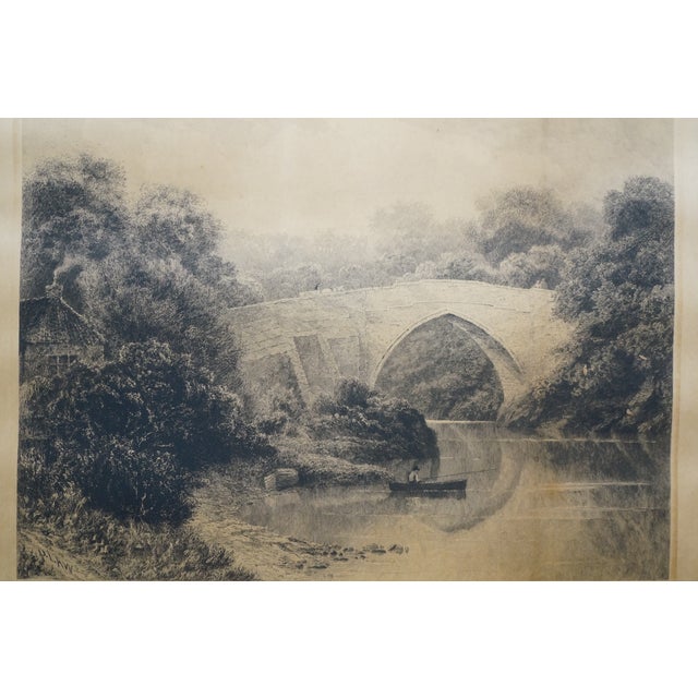 Antique David Law Signed Medieval Bridge Fishing River Landscape Etching 30" For Sale - Image 4 of 11
