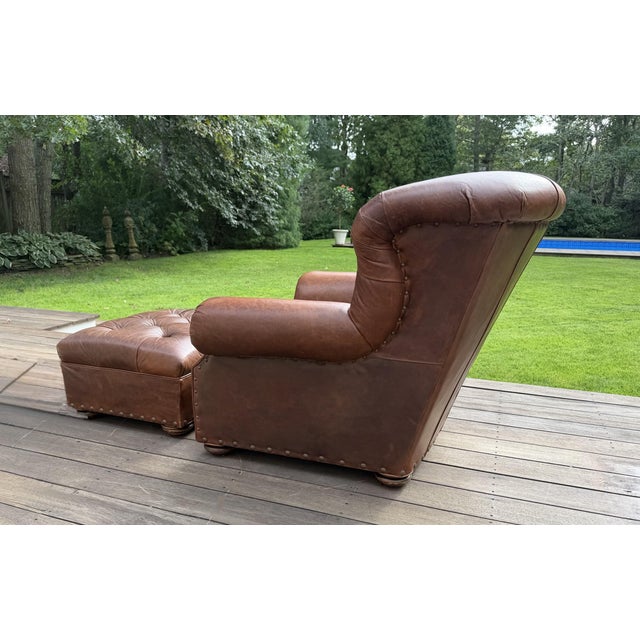 Cigar Leather Restoration Hardware Chair & Coordinating Ottoman, a Pair For Sale - Image 13 of 18