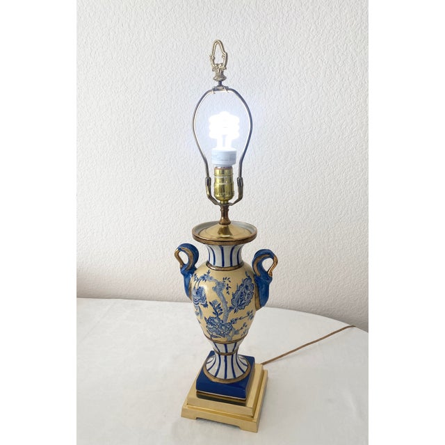 Exquisite Blue, Yellow, & White Floral & Striped Porcelain/Ceramic Urn/Vase Style With Brass Base and Upper Lamp Excellent Condition For Sale - Image 11 of 14