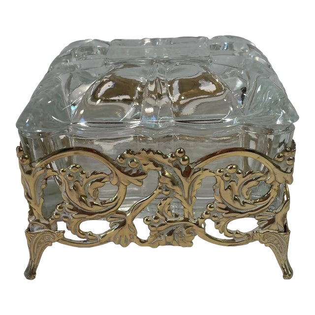 Vintage Hollywood Regency Gold Metal and Glass Powder Trinket Box For Sale