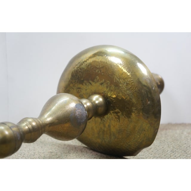 Mid 20th Century 2 Moroccan Etched Brass Altar Floor Candlesticks Candle Holders 36" For Sale - Image 9 of 13