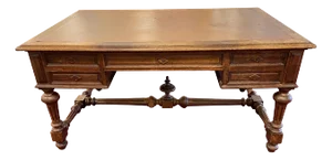 Large French Oak Desk with Four Drawers and Leather Top, 19th Century