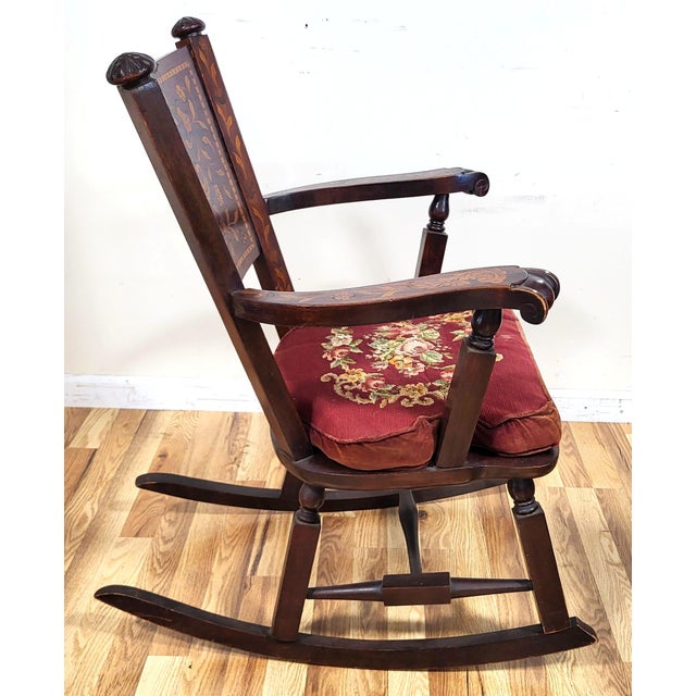 Antique Dutch 19th C Carved & Marquetry Inlaid Rocking Chair + Needlepoint Pillow For Sale - Image 4 of 18