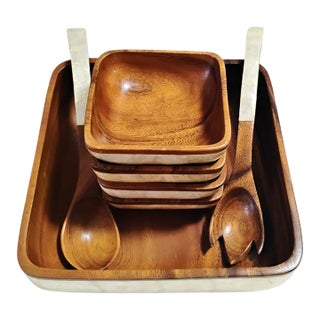 1960s Mid Century Modern Genuine Shell-Craft Products Capiz & Wood Salad Set - 7 Pieces For Sale