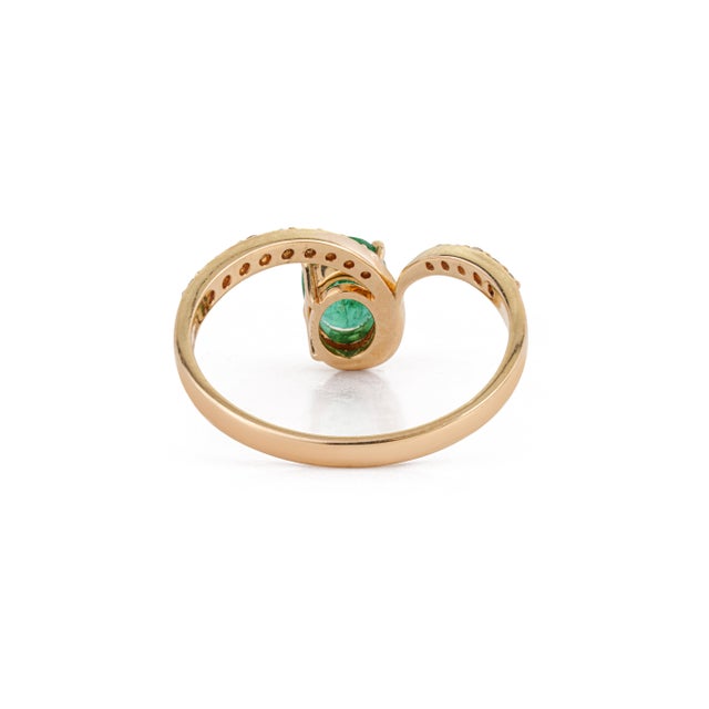Handmade 14k Yellow Gold Natural Oval Emerald Diamond Bypass Ring Size 5.5 For Sale - Image 9 of 17