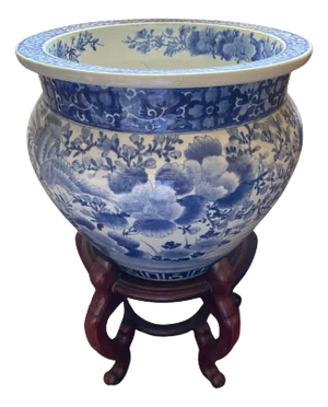 Antique Blue and White Chinese Planter on Wood Stand, 19th Century