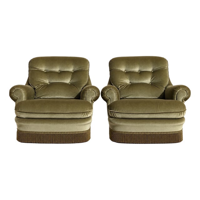 English-Style Toadstool Chairs in Olive Green Velvet, 1960s, Set of 2 For Sale