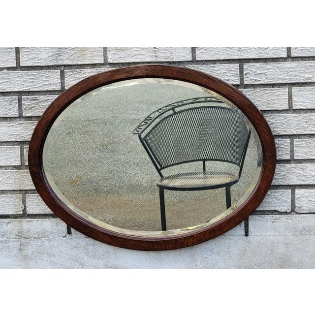 Victorian 19th Century Victorian Oval Oak Wall Mirror Beveled Edge Antique Glass For Sale - Image 3 of 11