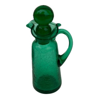 Art Glass Cruet: Vintage Emerald Green Crackle Glass for Olive Oil or Vinegar Cruet For Sale