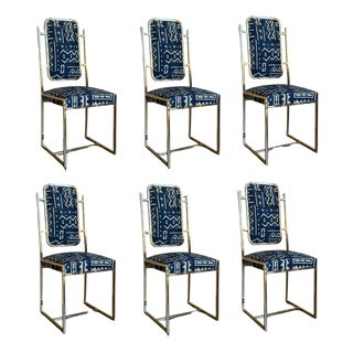 Golden Dining Room Chairs in Brass with Geometrical Fabric, 1950, Set of 6 For Sale