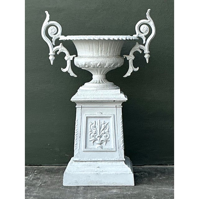 Vintage Regency Painted Wrought Iron Urn on Pedestal For Sale - Image 12 of 12