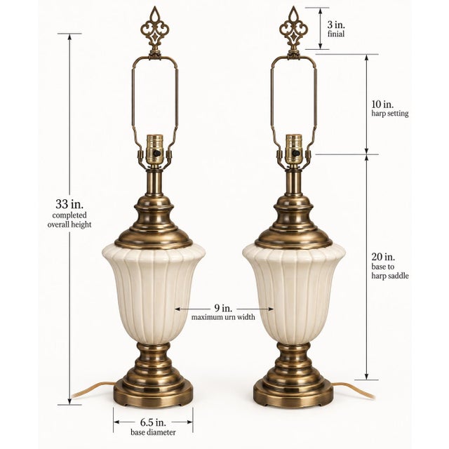 A grand matching pair of vintage urn-form table lamps, newly composed in a warm neoclassical palette of creamy ivory and...