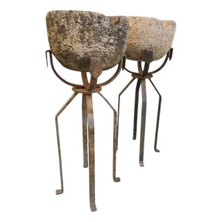 19th Century Carved Stone Planters on Wrought Iron Stands, 1880, Set of 2 For Sale
