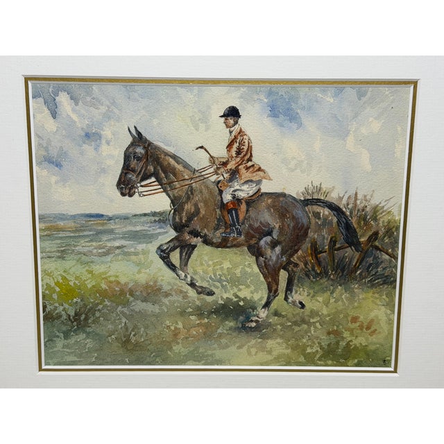Wood British Sporting School, Circa 1990 – The Huntsman on a Bay Hunter – Equestrian Watercolor Gilt Framed & Mounted For Sale - Image 7 of 11
