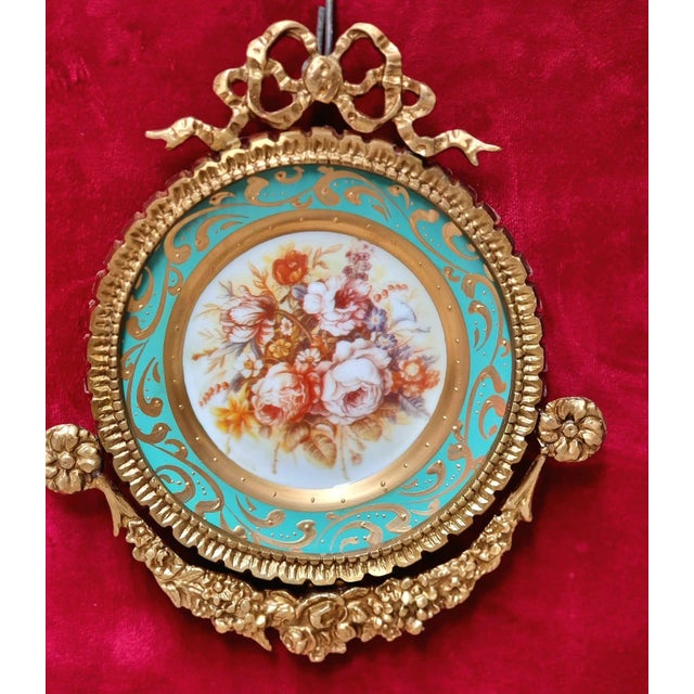 Baroque Set of 3 Baroque Ceramic Turquoise Wall Art Pieces With Ornate Gold Frames & Floral Artwork For Sale - Image 3 of 4
