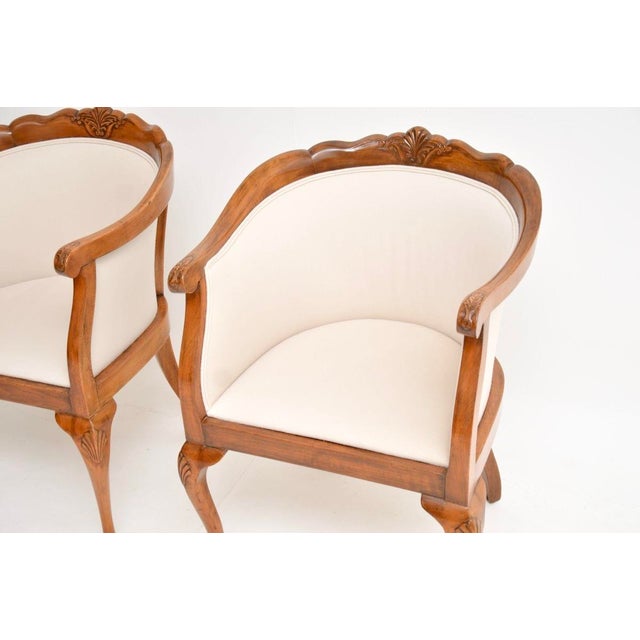 Wood Antique Queen Anne Style Walnut Tub Armchairs, 1920, Set of 2 For Sale - Image 7 of 12