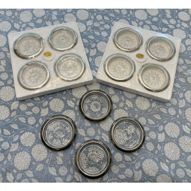 1960s Leonard Silver Manufacturing Silver Plate & Crystal Coasters - Set of 12 New old stock with 8 of them still in their...