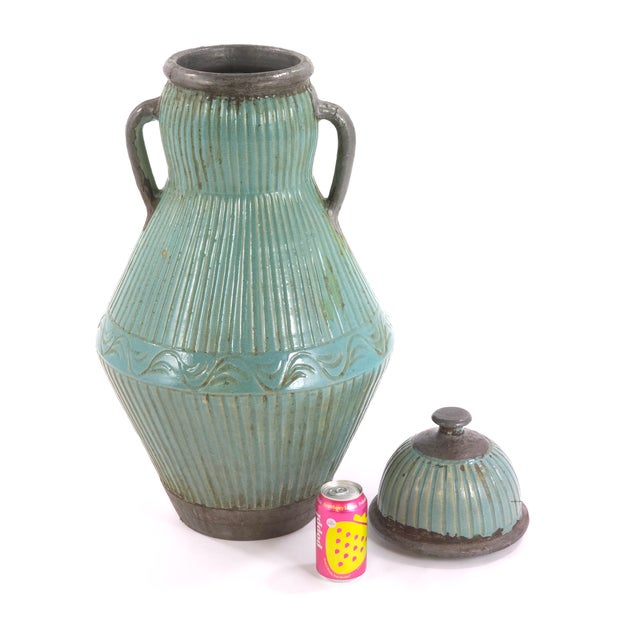 Pair Large Moroccan Turquoise Crackle Glaze Lidded Ceramic Urns For Sale - Image 11 of 12