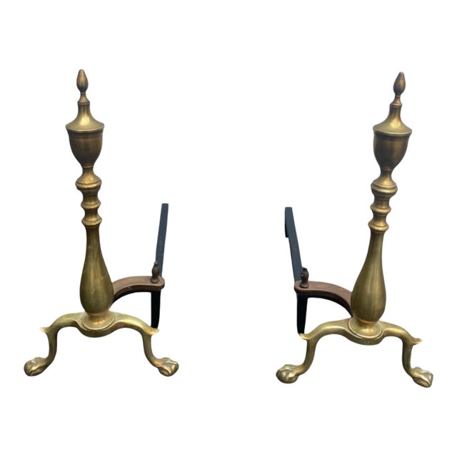 Pair 1920s Vintage Brass Andirons Chippendale Claw Ball Feet Fireplace For Sale