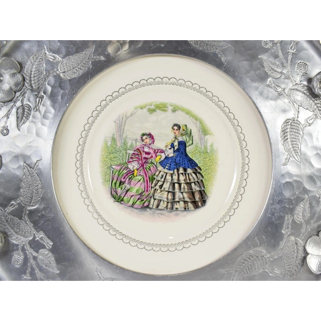 Victorian Victorian Hand Hammered Wrought Farberware Brooklyn Ny With Inserted China Plate Platter Tray For Sale - Image 3 of 11