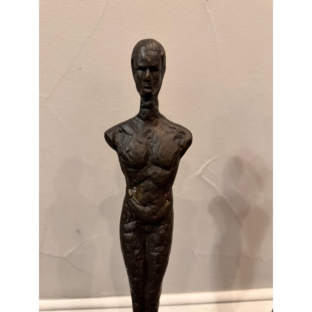 Late 20th Century Pair of Giacometti Style Male & Female Figural Sculptures on Marble Bases For Sale - Image 13 of 17