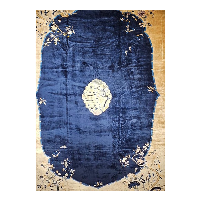 Antique Art Deco Chinese Oversized Rug, Handwoven Wool, Cranes & Butterflies Design, Navy & Tan, 14' X 19' For Sale