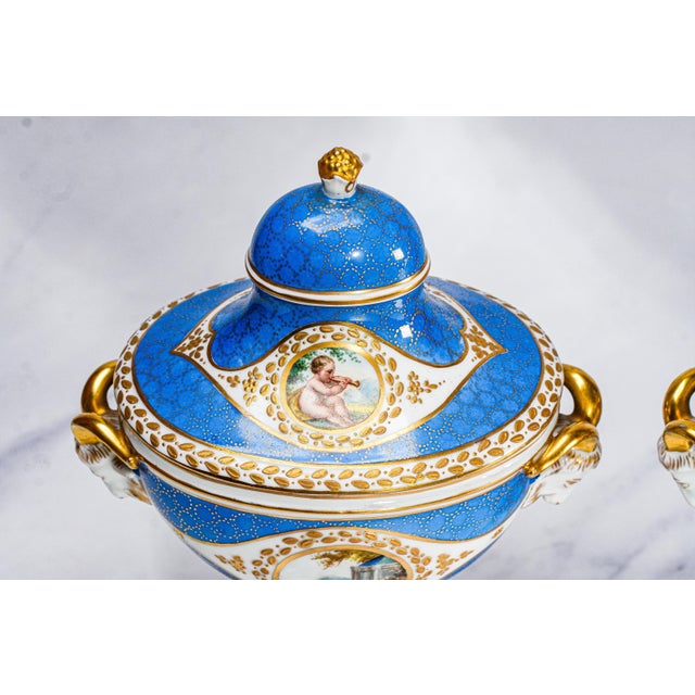 Pair of Hand Painted Antique Blue and Gold Porcelain Covered Urns For Sale In New York - Image 6 of 18
