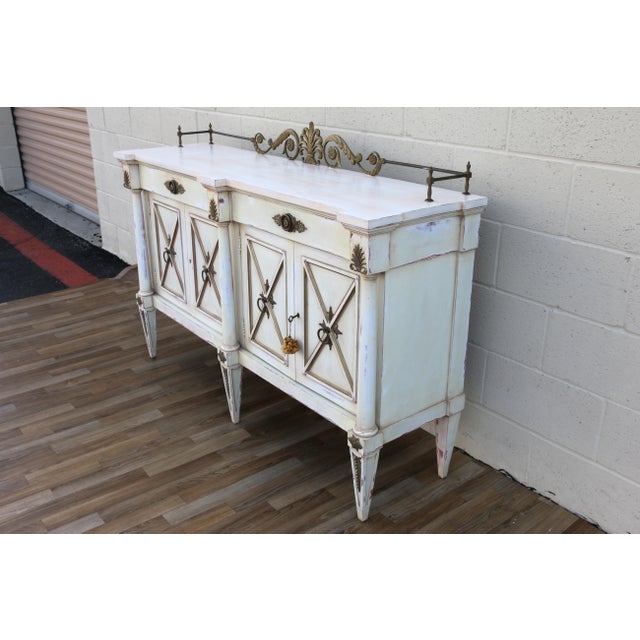 French Vintage Karges Neoclassical Painted Sideboard With Brass Gallery Rail | Louis XVI Style, 1950s For Sale - Image 3 of 18