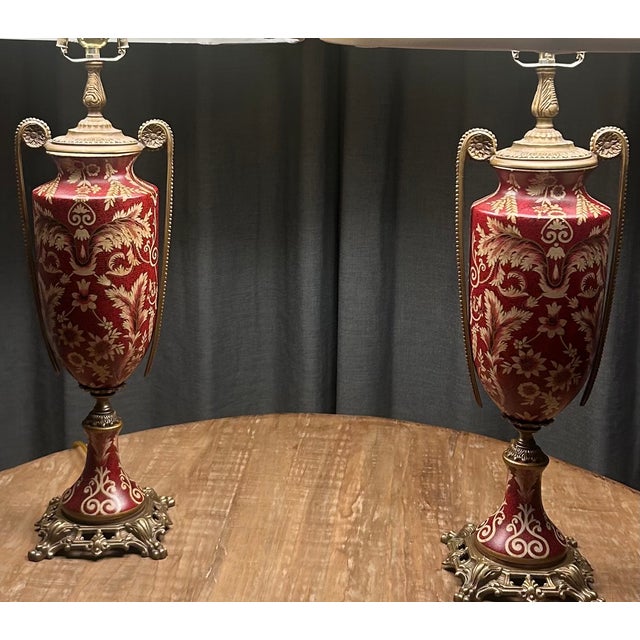 Pristine Mid 20th Century Japanese Moriage Porcelain & Brass Tall Lamps For Sale - Image 12 of 13