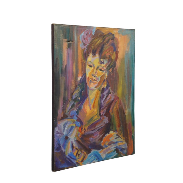 Vintage 20th century oil on canvas painting by Ross Kinduell, depicting a female figure in Victorian clothing, painting in...