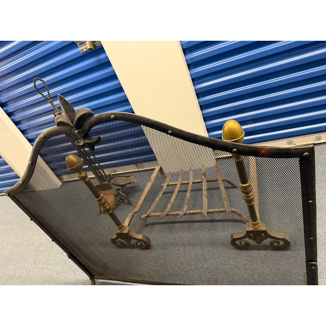 Wrought Iron Fireplace Tool Set – Vintage Stand With Shovel, Poker & Broom For Sale In Chicago - Image 6 of 7