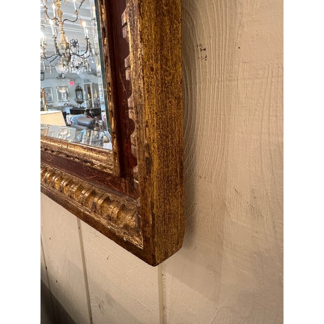 Italian Gold Leaf & Red Underpainted Carved Italian Wall Mirror For Sale - Image 3 of 6