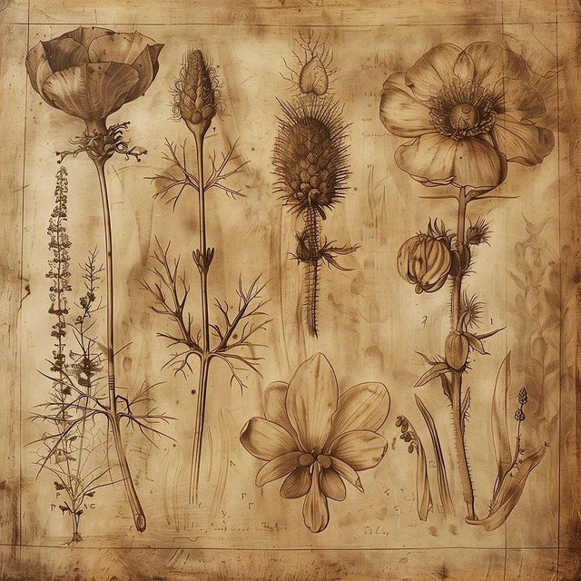Set of 6 - 54" X 36" Gallery Wall Installation 'Monochrome Sepia Flowers' Herbarium Botanical Floral Prints, Unframed For Sale - Image 4 of 8