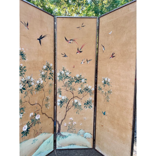 19th Century Chinese Hand Painted Silk 6-Panel Wallpaper Floor Screen Mounted as a Pair For Sale - Image 9 of 12