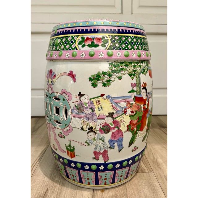 White Mid-20th C. Chinese Hand-Painted Porcelain Garden Stool With Figural Scenes For Sale - Image 8 of 12