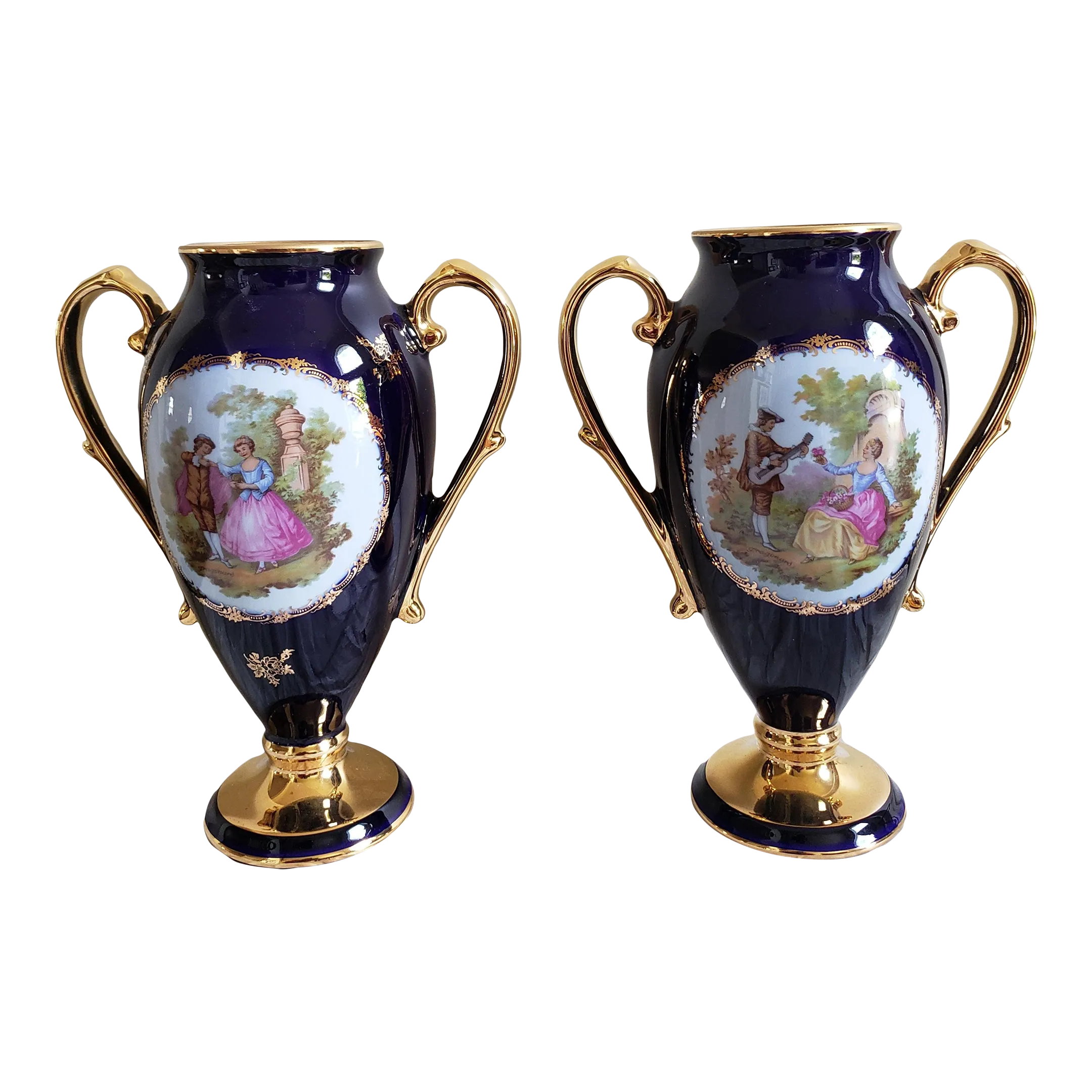 Pair of Limoges Castel 22k Gold Decorated Cobalt Porcelain Two