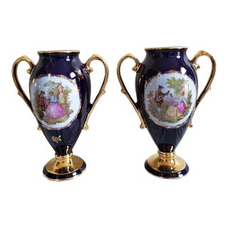 Pair of Limoges Castel 22k Gold Decorated Cobalt Porcelain Two Handled Vases For Sale