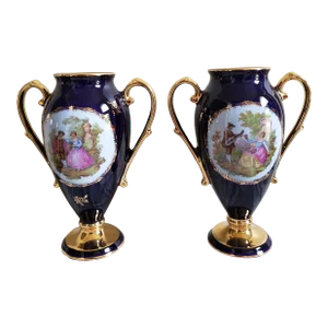 Pair of Limoges Castel 22k Gold Decorated Cobalt Porcelain Two Handled Vases