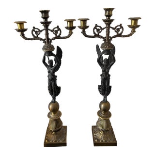 Mid 20th Century Pair of 24" Classical Revival Figural Candelabra W/ Gilt Accents For Sale